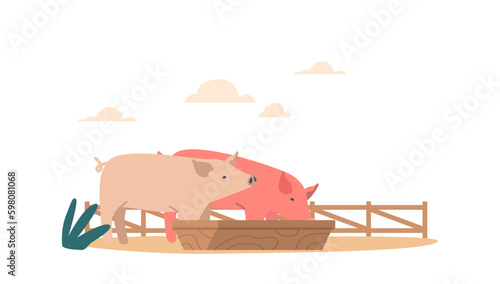 Pigs Gather Around The Trough To Eat. They Squeal And Snort As They Consume Their Feed, Creating A Noisy Scene Generative AI