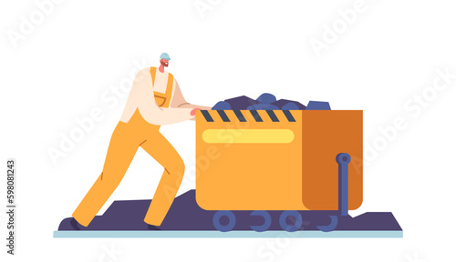 Miner Character With Trolley, Worker Pushing Wheeled Cart Filled With Coal Minerals, Used To Transport Materials Generative AI