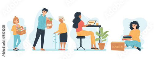 Cartoon Volunteers Donation food, toys and clothes. Set of vector flat illustrations of people providing social Support. Help the Poor, the elderly and the disabled.
