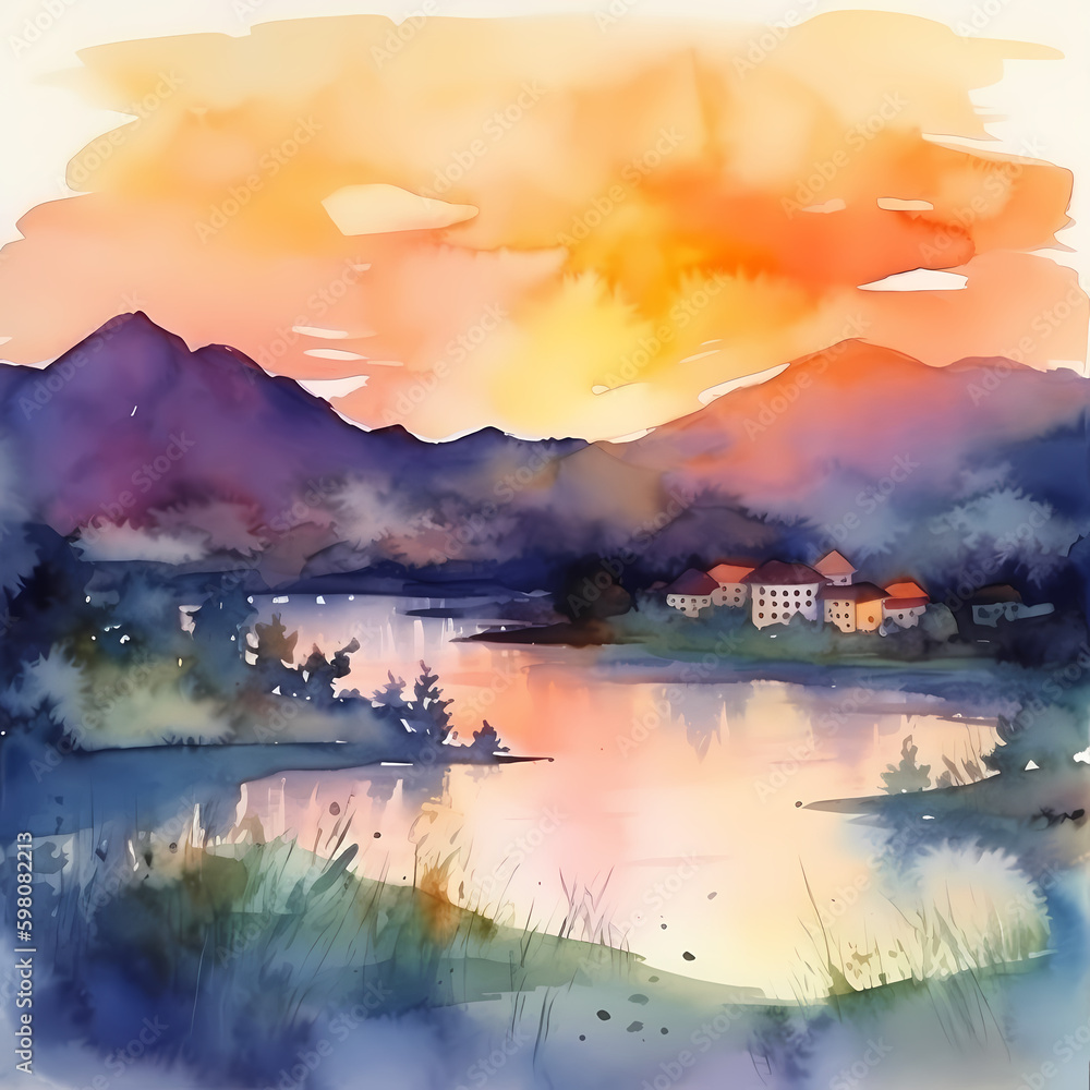 Sunset at Village Hills Watercolor. Generative AI