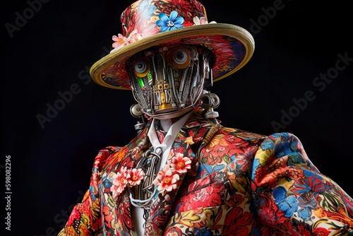 A stylish humanoid robot, vibrant patterned clothing AI generated