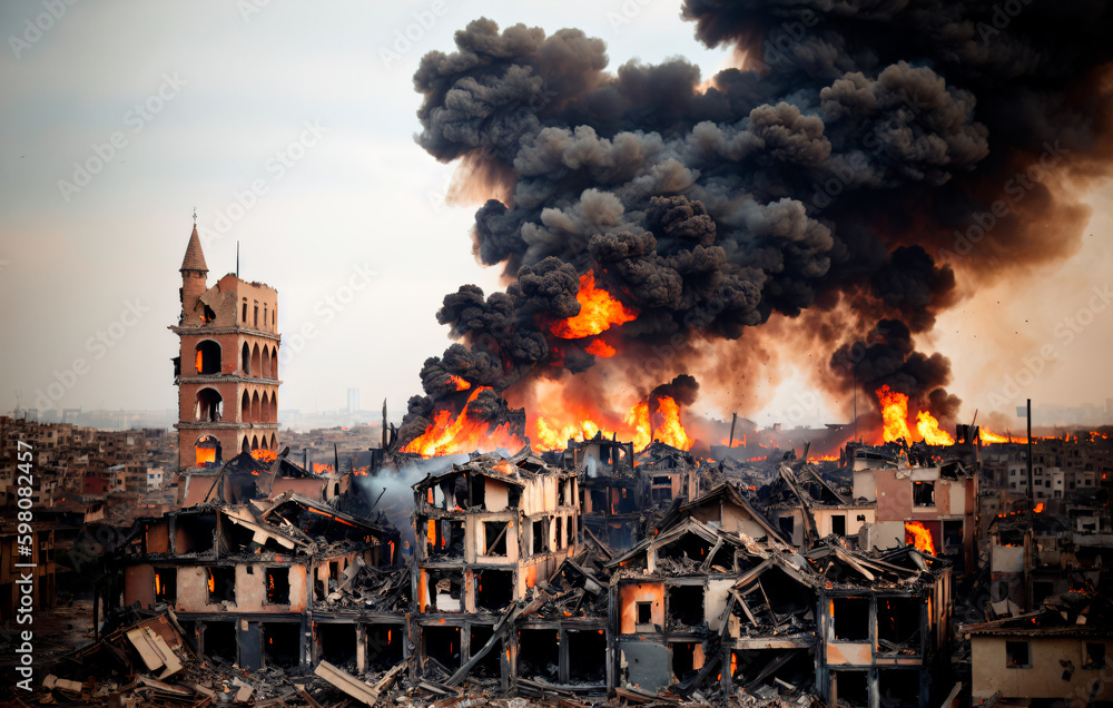 The destroyed city houses on fire during the war. Generative AI. The destroyed city houses on fire during the war. Generative AI.