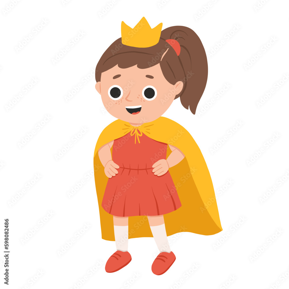Cartoon happy girl in princess costume standing and smiling. Cute vector illustration isolated on white background. Cartoon happy girl in princess costume standing and smiling. Cute vector illustration isolated on white background.