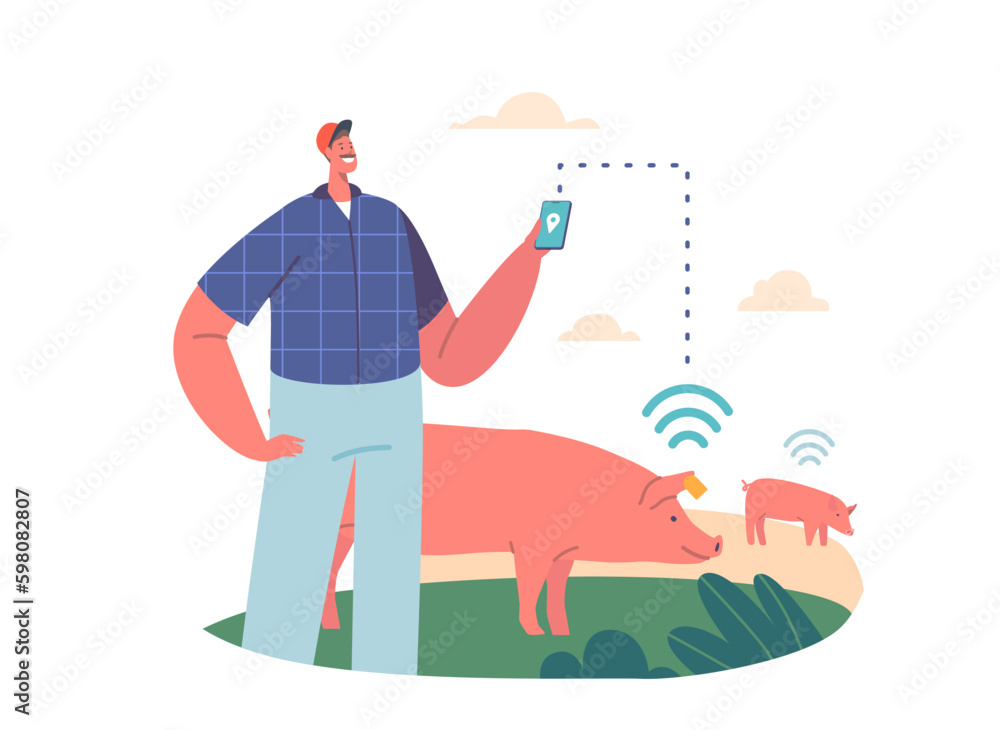 Fototapeta premium Farming Innovations Concept. Farmer Character Tracks Pigs on Livestock Using Gps Technology, Ensuring Efficient Grazing Generative AI