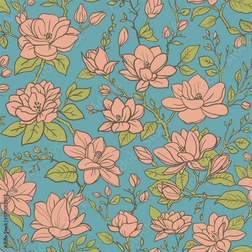 Seamless vector spring floral pattern. Magnolia branches with flowers and leaves