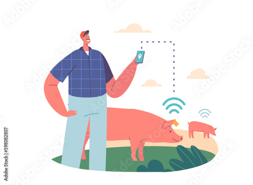 Farming Innovations Concept. Farmer Character Tracks Pigs on Livestock Using Gps Technology, Ensuring Efficient Grazing Generative AI
