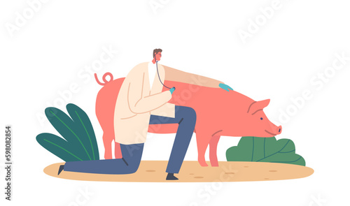 Veterinary Doctor Male Character Uses A Stethoscope To Examine The Health Of The Pig. The Doctor Checks The Heartbeat Generative AI