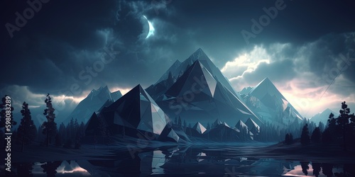 Luminous Mountainscape A Futuristic Nighttime Landscape with Geometric Shapes Stormy Cloud Cover, Generative AI