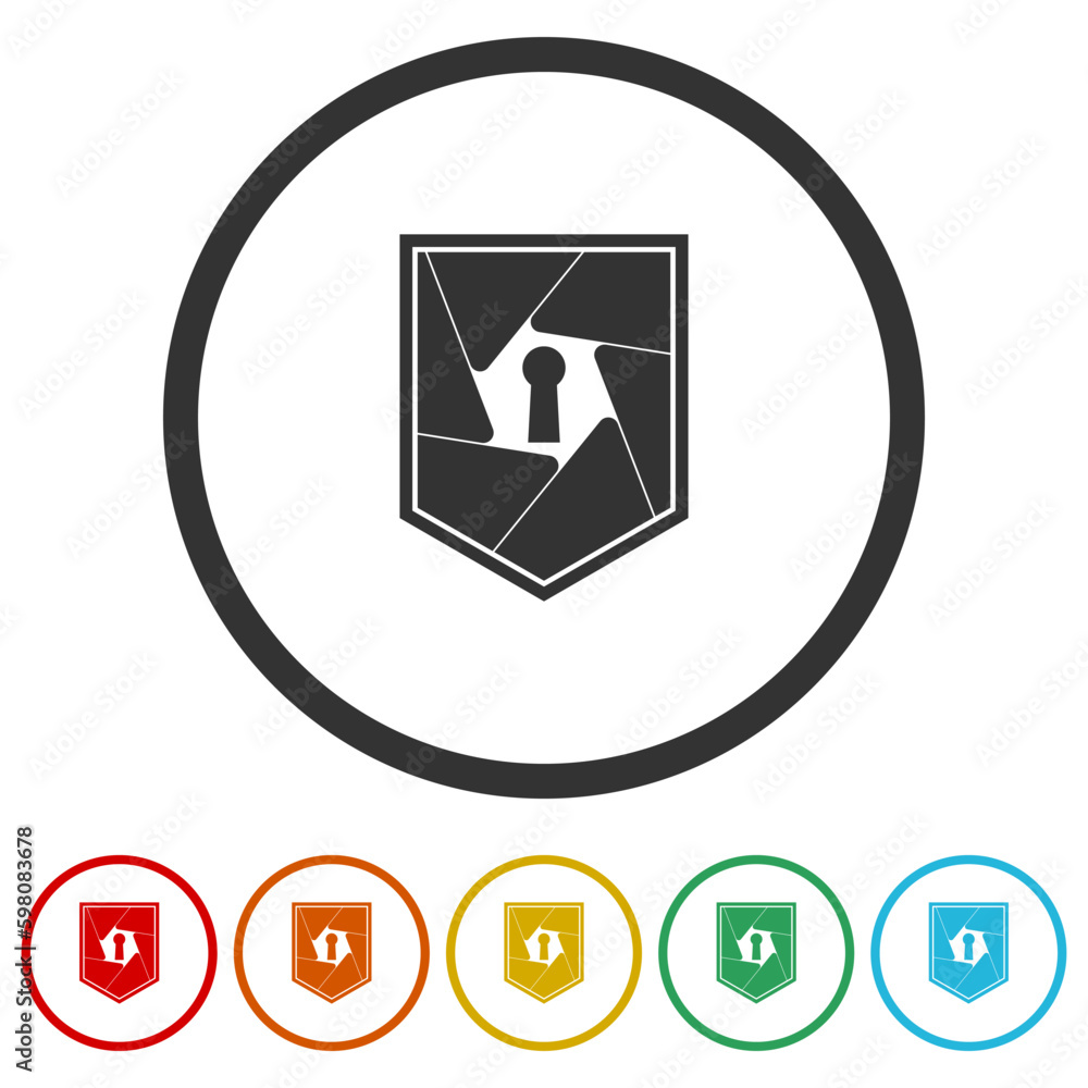 Fototapeta premium Security Camera with Shield. Set icons in color circle buttons