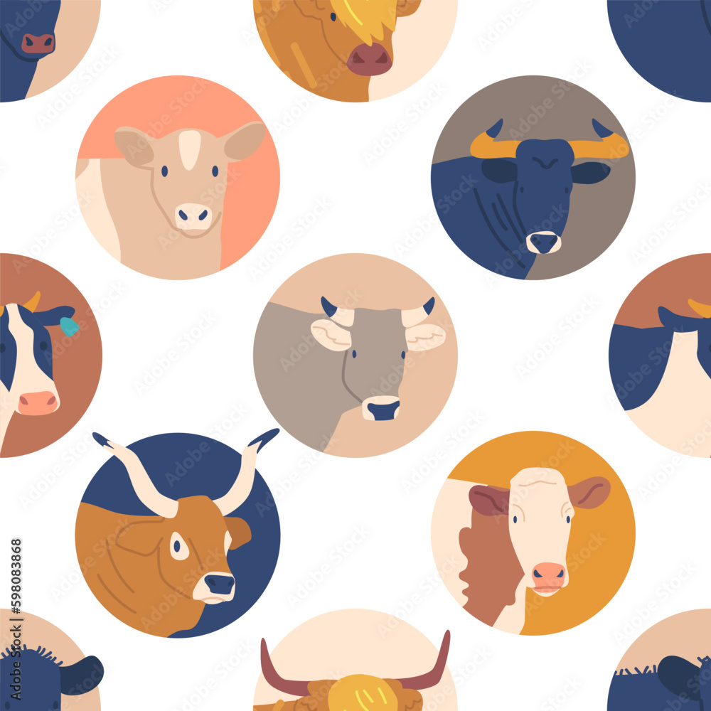 Seamless Pattern Featuring Cows And Bulls Heads Inside Of Round Icons. The Design Incorporates A Variety Of Colors Generative AI