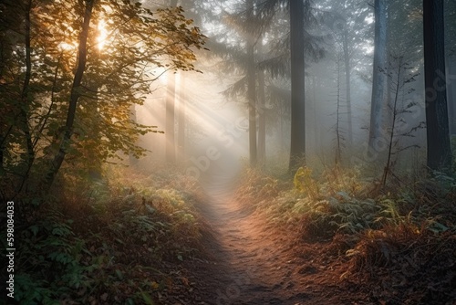 A Wander Through Nature's Mystical Beauty: Misty Morning in the Forest. Generative AI