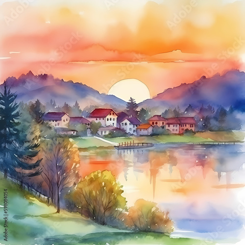 Sunset at Village Hills Watercolor. Generative AI © Darwis