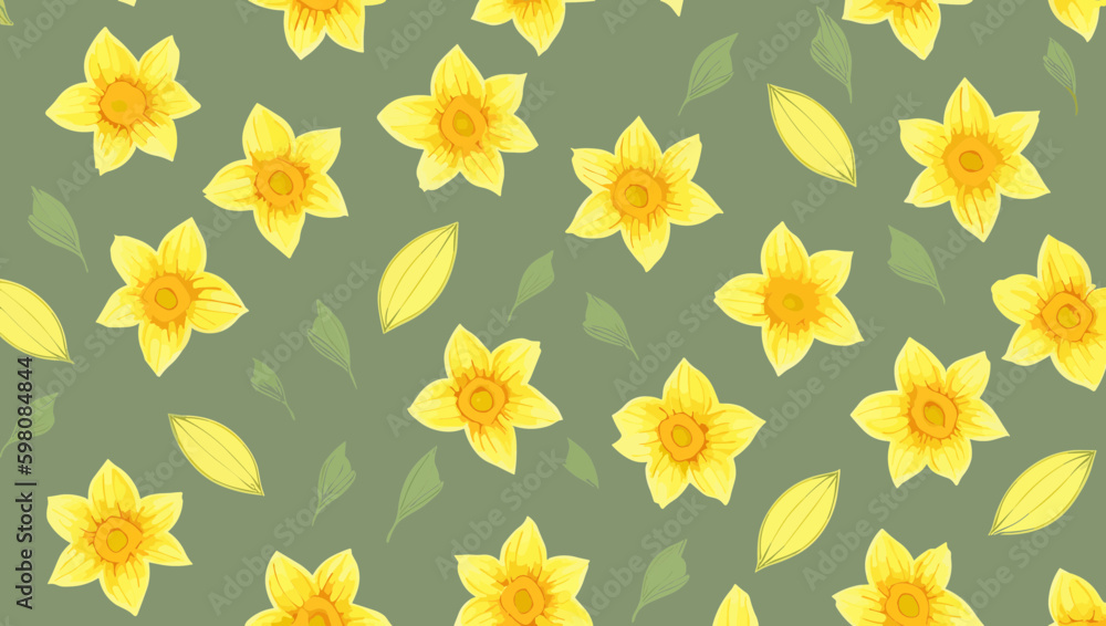 Obraz premium Sunny Daffodils: Floral Seamless Pattern with Bright Yellow Blooms and Green Leaves
