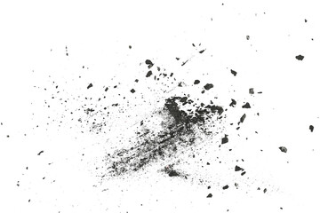 Black charcoal dust, gunpowder,  with effect fragments explosion isolated on white background and texture, top view
