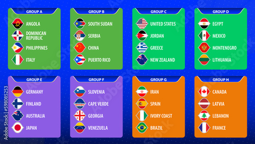 Basketball 2023, participant flags sorted by groups.