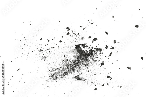 Black charcoal dust, gunpowder,  with effect fragments explosion isolated on white background and texture, top view