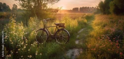 Beautiful spring summer natural landscape with a bicycle on a flowering meadow against a blue sky with clouds on a bright sunny day. Created using generative AI.