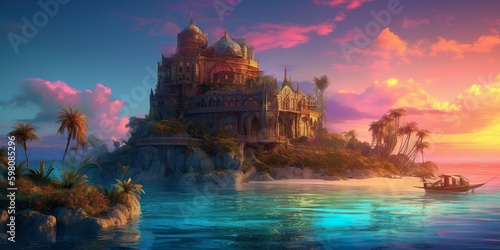 Castillo rodeado de aguas cristalinas y palmeras exuberantes IA generativa. Castillo hermoso paisaje. photo