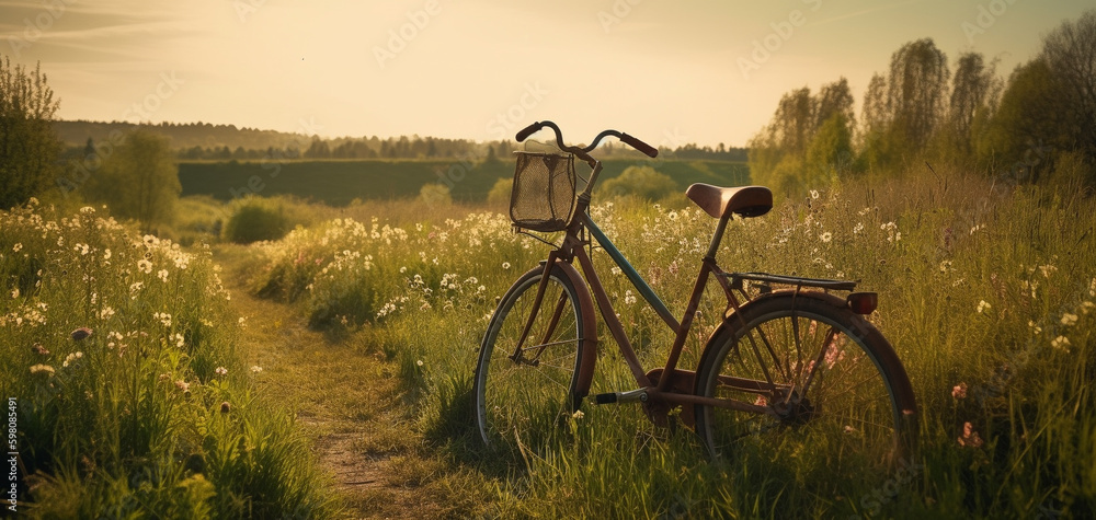 Fototapeta premium Beautiful spring summer natural landscape with a bicycle on a flowering meadow against a blue sky with clouds on a bright sunny day. Created using generative AI.