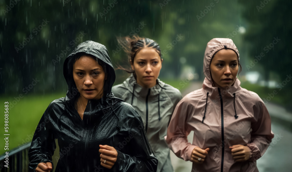 Group of Woman running outdoors in the rain, looking wet or soaked yet happy and determined. Concept of exercise and health. Shallow depth of field, Illustrative Generative AI. Not real people.