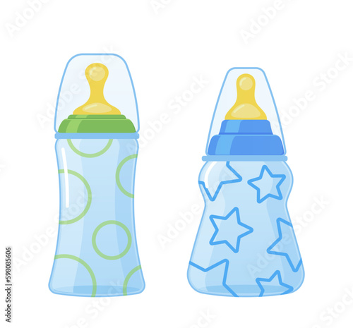 Baby Milk Bottles For Newborn Infants In Different Sizes, Materials, Patterns And Shapes Cartoon Vector Illustration Generative AI