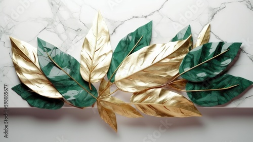 Gold and emerald green shiny leaves on marble background. Illustration with copy space. Generative AI composite. 