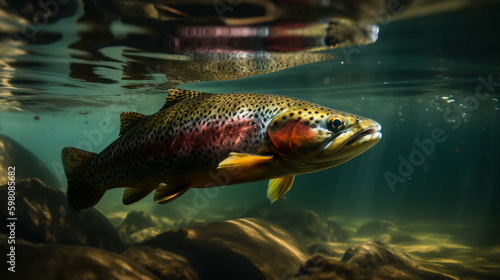 Rainbow trout swimming in natural underwater habitat, shallow depth of field, Illustrative Generative AI.