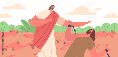 Jesus Cast Out A Demon From A Man, Sending It Into A Group Of Pigs. The Pigs, Overwhelmed By The Demons Generative AI