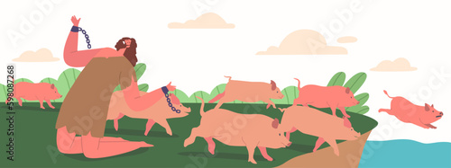 Jesus Cast Out A Demon, Driving It Into A Herd Of Pigs. Biblical Event Depicting Jesus' Power Over Evil Spirits Generative AI