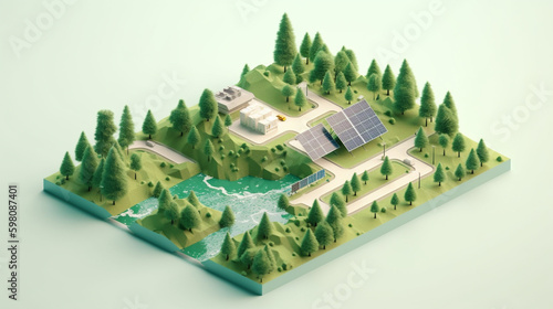 Isometric Dioramas of Solar Panels and Green Energy Powering a Green Utopia, Clean ESG and Renewable Energy Concept, Generative AI
