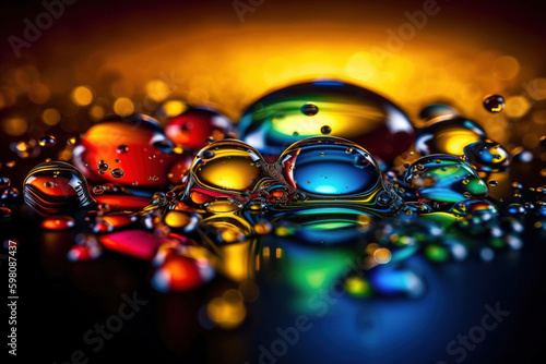 Colorful water bubbles and splashes extreme close-up. Abstract vibrant background. Digitally generated AI image
