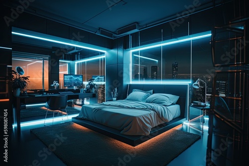 futuristic bedroom with sleek and modern design, featuring touchscreens that control the lights and temperature, created with generative ai