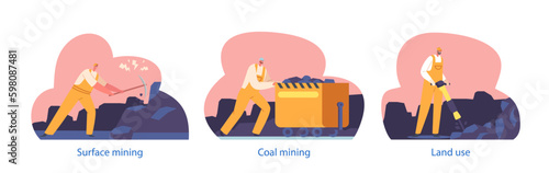 Coal Mining Set. Miner Characters Working On Quarry With Tools, Transport And Technique. Extraction Industry Generative AI