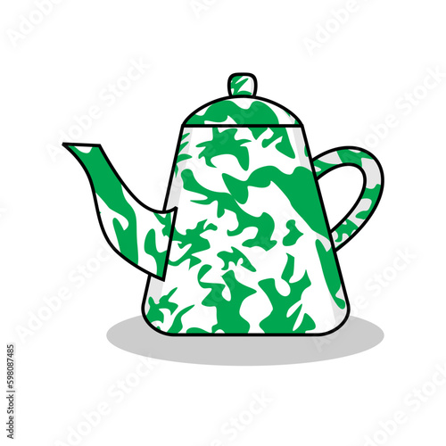 patterned metal kettle vector illustration green, vintage, unique, antiques collection.