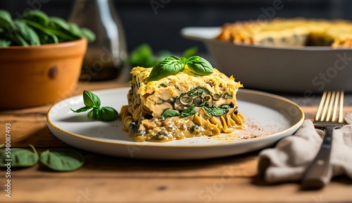 Vegan lasagna made with plant-based mushroom meat and dairy-free cashew cheese, featuring yellow layers of lasagna noodles, spinach, and zucchini, garnished with fresh basil and oregano.