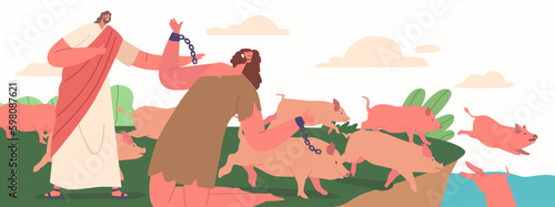 Bible Narrative Jesus Casts Demons Into Pigs That Then Jump Off A Cliff And Drown In The Sea. Crazy Male Character Generative AI