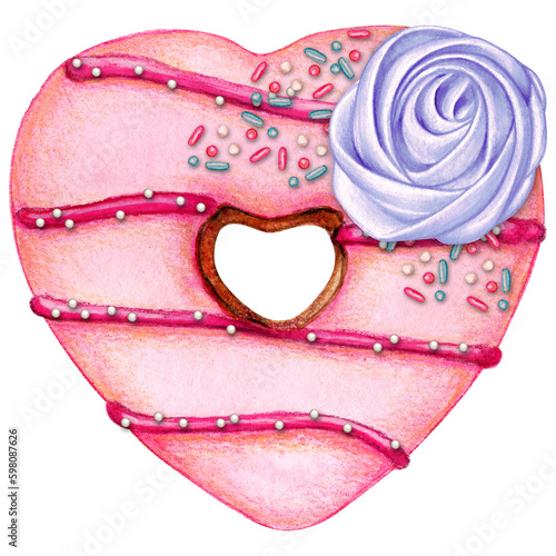Fototapeta Naklejka Na Ścianę i Meble -  watercolor hand drawn heart shaped donut