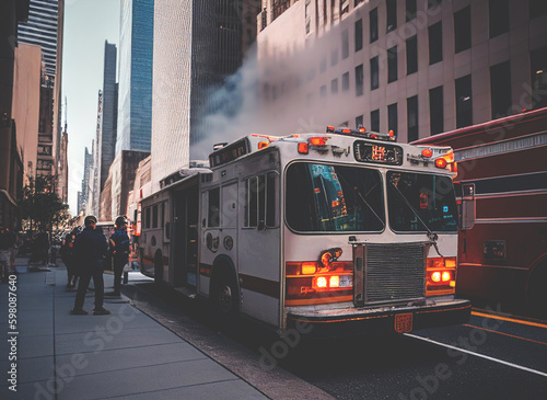 Fire Truck in New york. Firefighters Rescue after Fire Alarm went off at building. Firemen at apartment fire. Accodent on Street in NYC, firefighters and extinguish fire, Ai Generative illustration.