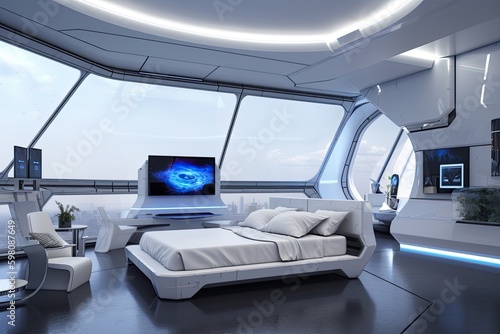 futuristic bedroom with advanced technology, including interactive displays and touch screens, created with generative ai © Daria Horokhova