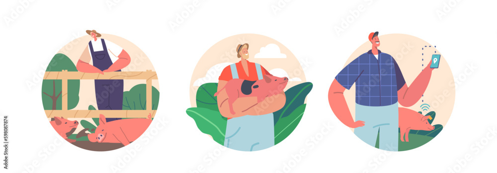 Fototapeta premium Isolated Round Icons Or Avatars Of Farmer Characters Tending To Pigs On A Farm, Working In Pens, Stalls, And Fields Generative AI