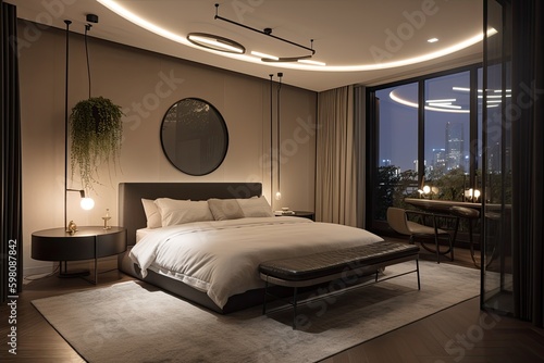 luxury bedroom with king-sized bed  minimalist decor  and view of the stars  created with generative ai