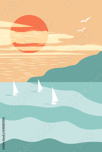 Poster with abstract summer landscape. The sea with boats under sail, the dawn of the sun. Vector graphics.