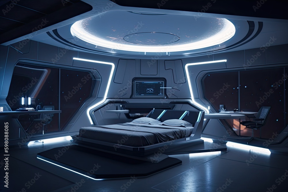 futuristic bedroom with floating bed and futuristic lighting, surrounded by spaceship exterior, created with generative ai futuristic bedroom with floating bed and futuristic lighting, surrounded by spaceship exterior, created with generative ai