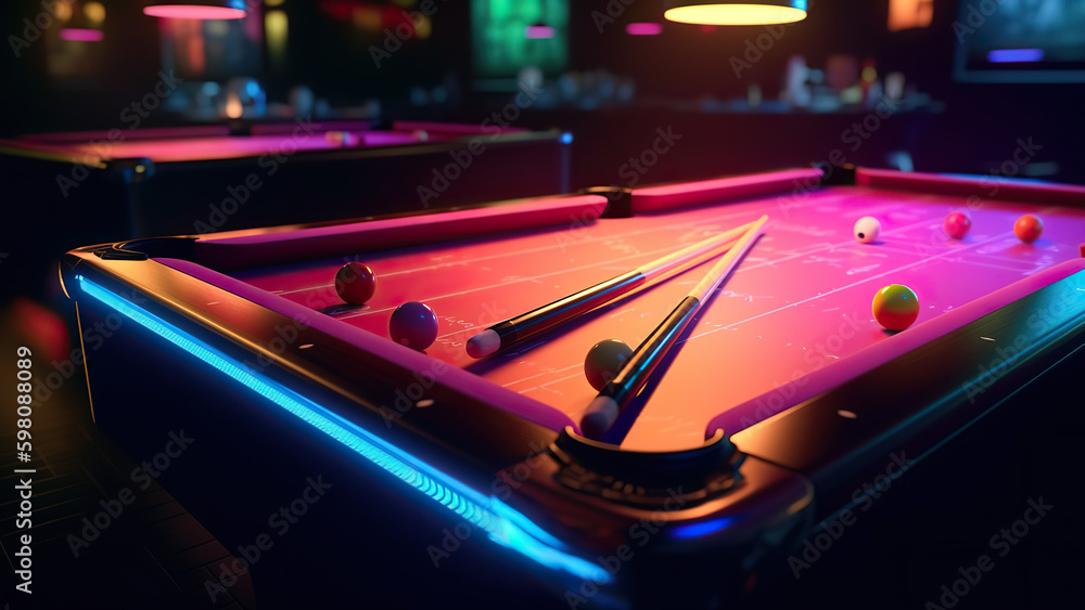 Game of billiards cue and layers on the tables neon light - obrazy, fototapety, plakaty 