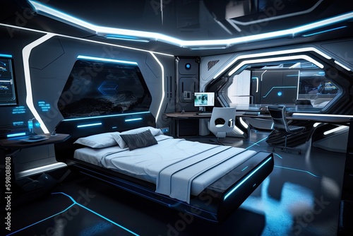 futuristic bedroom, with sleek lines and high-tech details, featuring virtual reality headset and motion-based video games, created with generative ai © Daria Horokhova