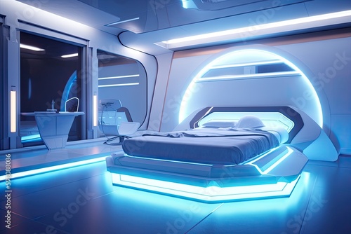 futuristic bedroom with floating bed and futuristic lighting, surrounded by spaceship exterior, created with generative ai © Daria Horokhova