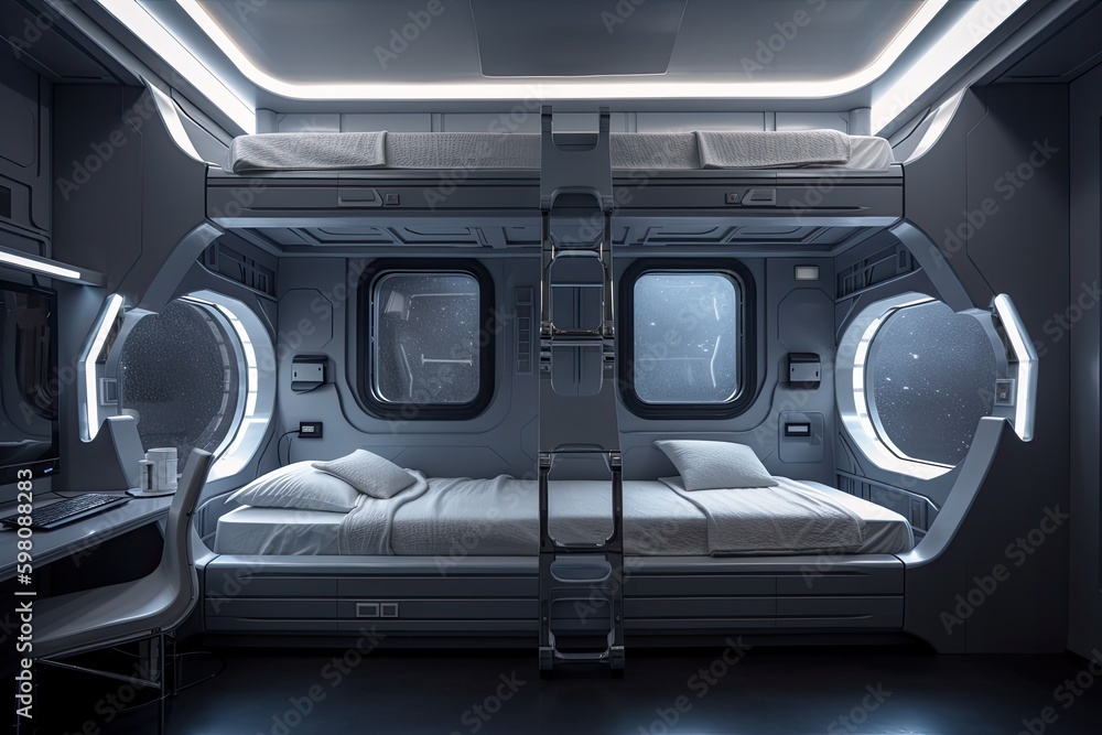 Fototapeta premium basic bedroom with bunk beds and window view of the stars in futuristic spaceship, created with generative ai