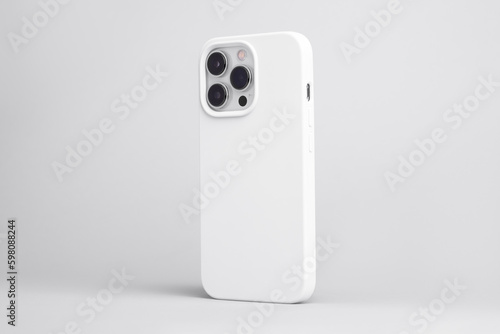 iPhone 14 and 13 Pro Max in white case back side view isolated on grey background, phone cover mock up