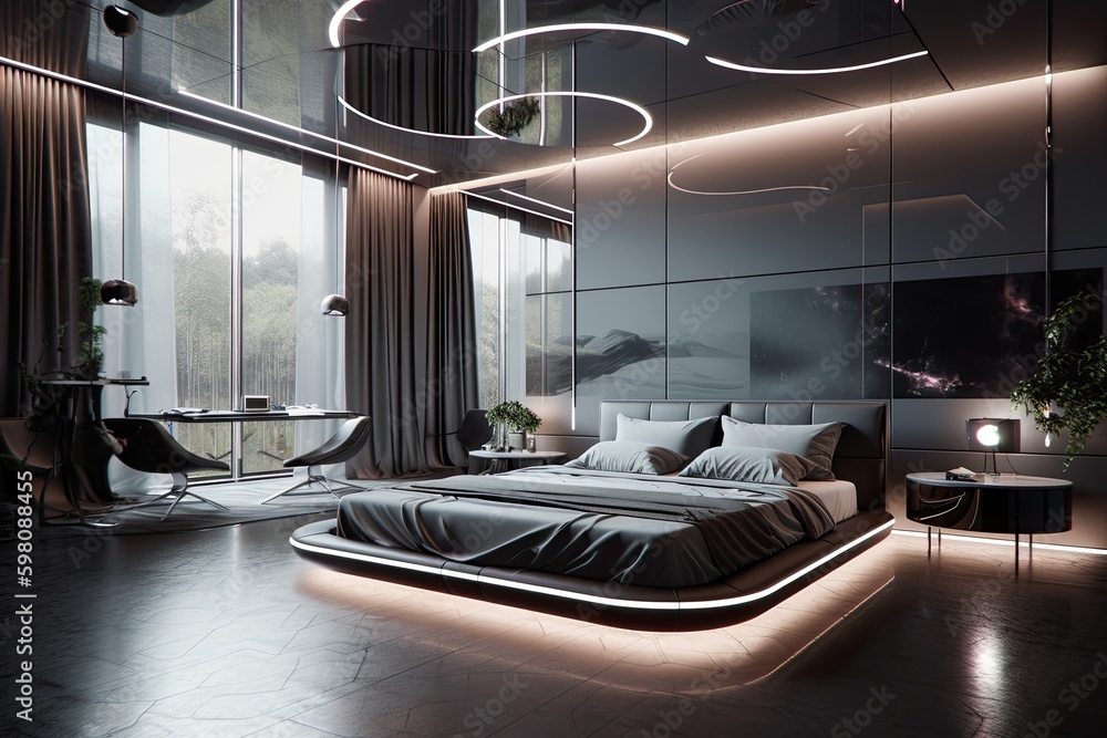 futuristic bedroom with floating bed and futuristic lighting, surrounded by seamless metallic walls, created with generative ai futuristic bedroom with floating bed and futuristic lighting, surrounded by seamless metallic walls, created with generative ai