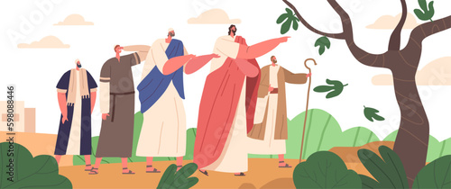 Jesus Christ Character Curses Fig Tree, Disciples Witness Withering. Symbolic Lesson On Faith And Forgiveness Generative AI